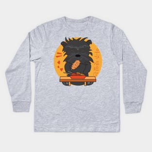 Affenpinscher eating Korean corn dog, Cute Affenpinscher, affenpinscher breed, i love my affenpinscher, funny affenpinscher, affenpinscher puppy, Monkey Terrier, cute animal friendly, cute pets Kids Long Sleeve T-Shirt